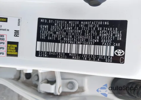 2021 Toyota Corolla Le из США, поврежденный, VIN 5YFEPMAEXMP160997